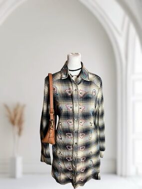 Miss Me Vintage Embellished Plaid Button Down Flannel Shirt Size M